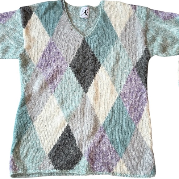 Vintage Mohair Blend Argyle Sweater 90s Pastel Knit Made In Hong Kong Cozy - Picture 2 of 12